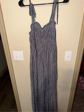 En Creme Blue and White Striped Tie-Shoulder Jumpsuit